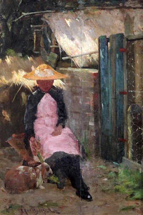 James Coutts Michie (1859-1919) Seated woman beside a rabbit hutch 10 x 7in.